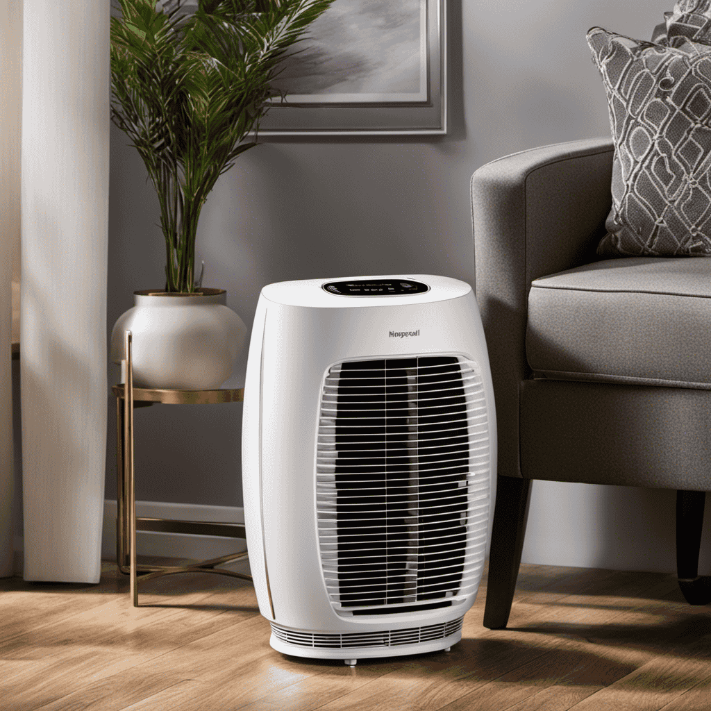 An image showcasing the Honeywell 50250-S Air Purifier with a close-up view of its 99
