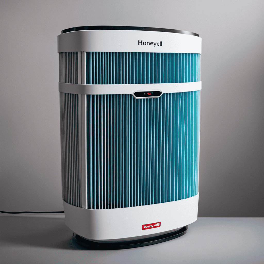 An image showcasing a pair of gloved hands gently removing the Honeywell Air Purifier 50250's filter