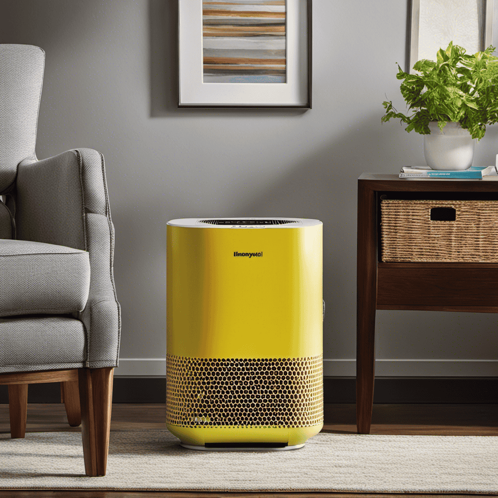 An image showcasing a Honeywell Air Purifier with a brightly colored filter that is clearly soiled and in need of replacement