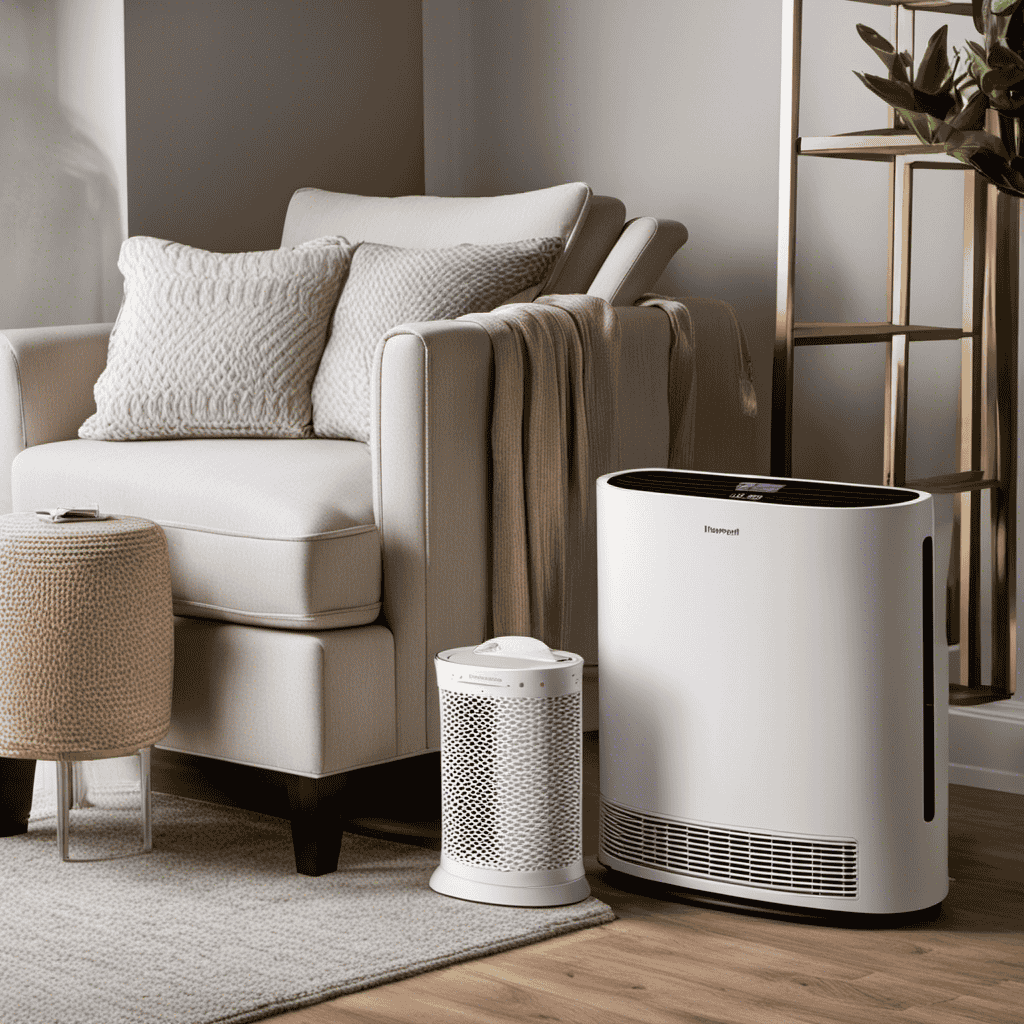 An image showcasing a clean, white Honeywell Air Purifier HPA100 with a removable filter compartment