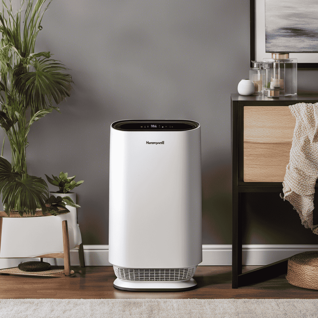 An image showcasing a brand-new Honeywell Air Purifier, surrounded by a faint, transparent cloud of plastic scent