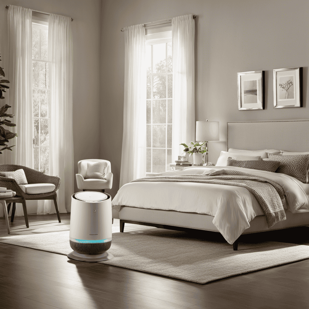 An image showcasing a sleek Honeywell Air Purifier amidst a serene bedroom setting