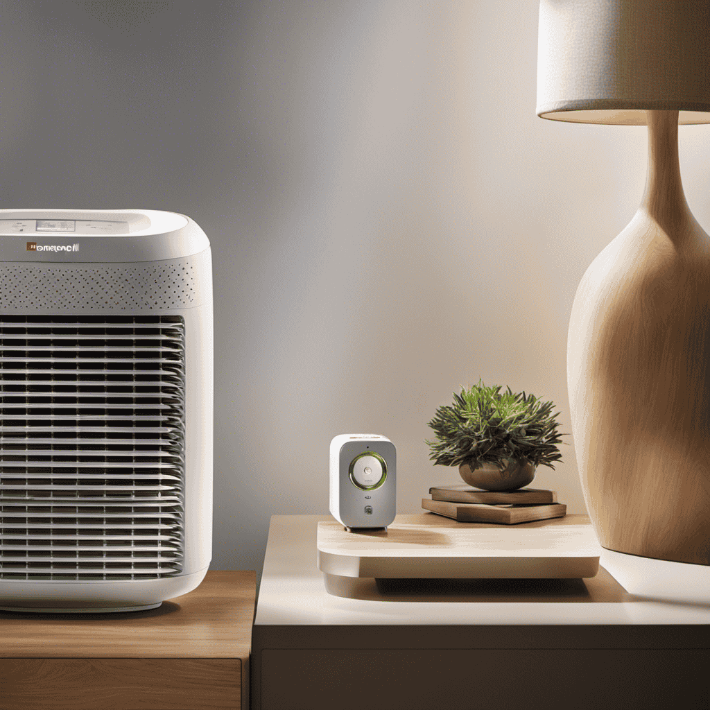 An image showcasing a tranquil bedroom with Honeywell's air purifier nestled on a nightstand, gently humming as it effortlessly captures airborne allergens, leaving behind a refreshing aura of pure, clean air