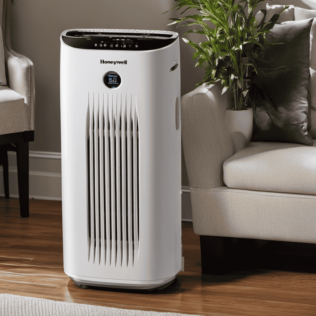 An image that showcases the Honeywell True HEPA Air Purifier 50150-N, featuring a close-up of its sleek design, with a crystal-clear view of the filter