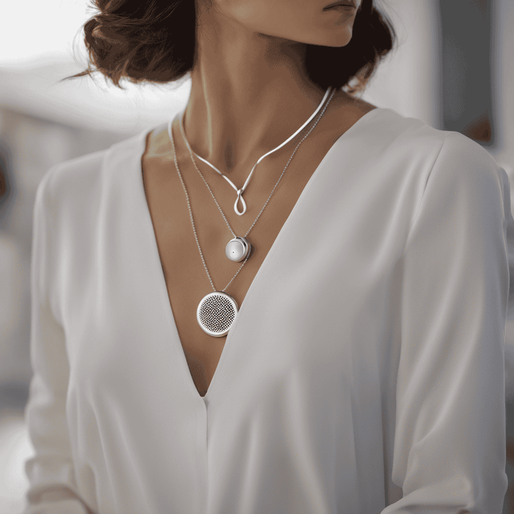 An image showcasing an individual wearing an air purifier necklace, with tiny particles symbolized by swirling lines entering the device, being purified, and clean air being released, representing the necklace's efficient air purification process