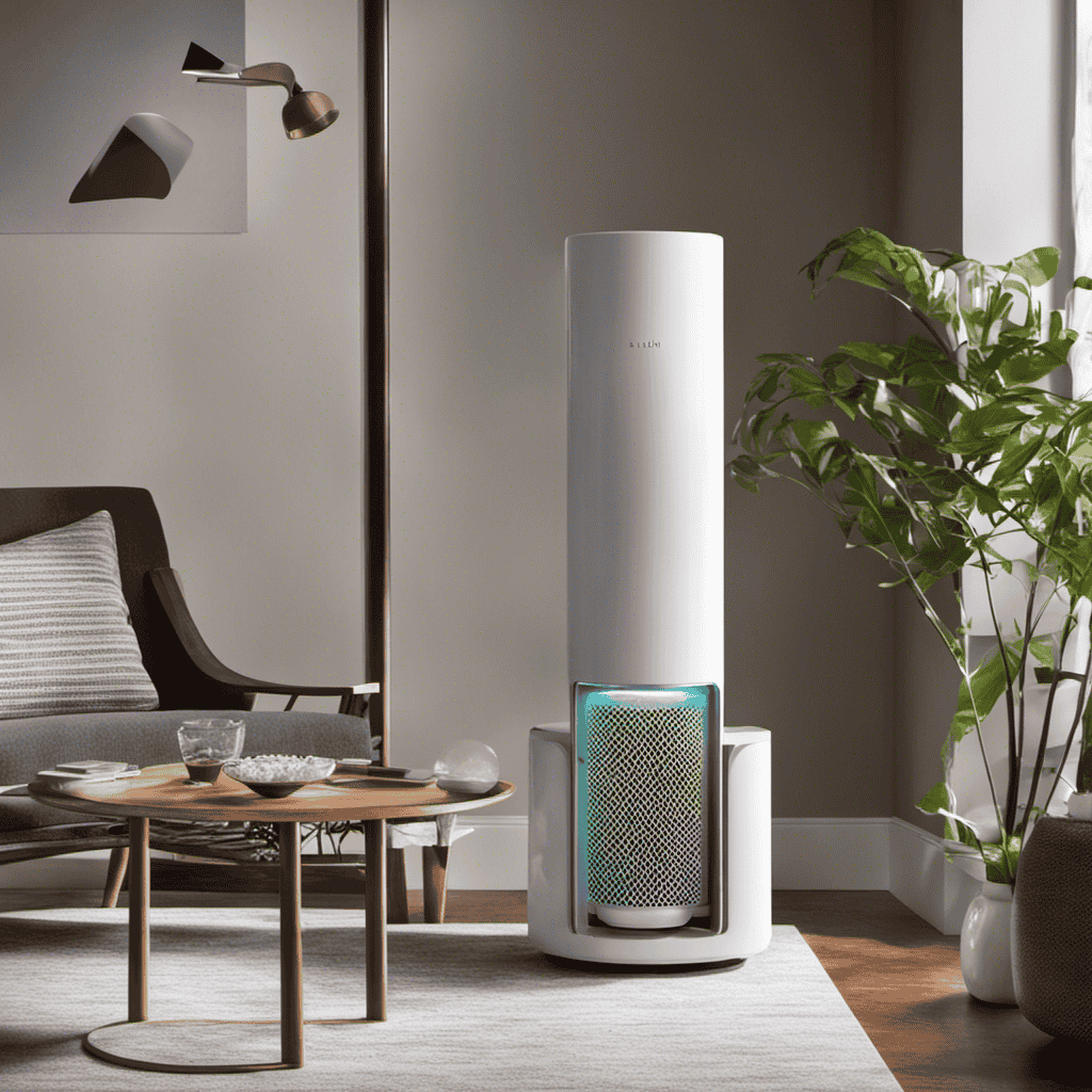 An image that showcases the intricate mechanics of an air purifier in action, with colorful particles being sucked in, passing through filters, and leaving the device fresh and clean