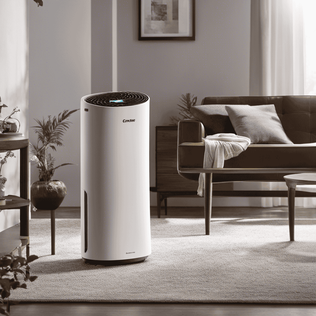 An image showcasing an air purifier in action, with its powerful fan drawing in polluted air, passing it through a series of filters, and releasing clean, fresh air into the environment