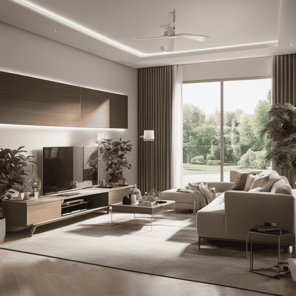 An image showcasing a spacious living room with an air purifier strategically positioned in a corner near a window, drawing in natural light and fresh air while maintaining optimal circulation throughout the room