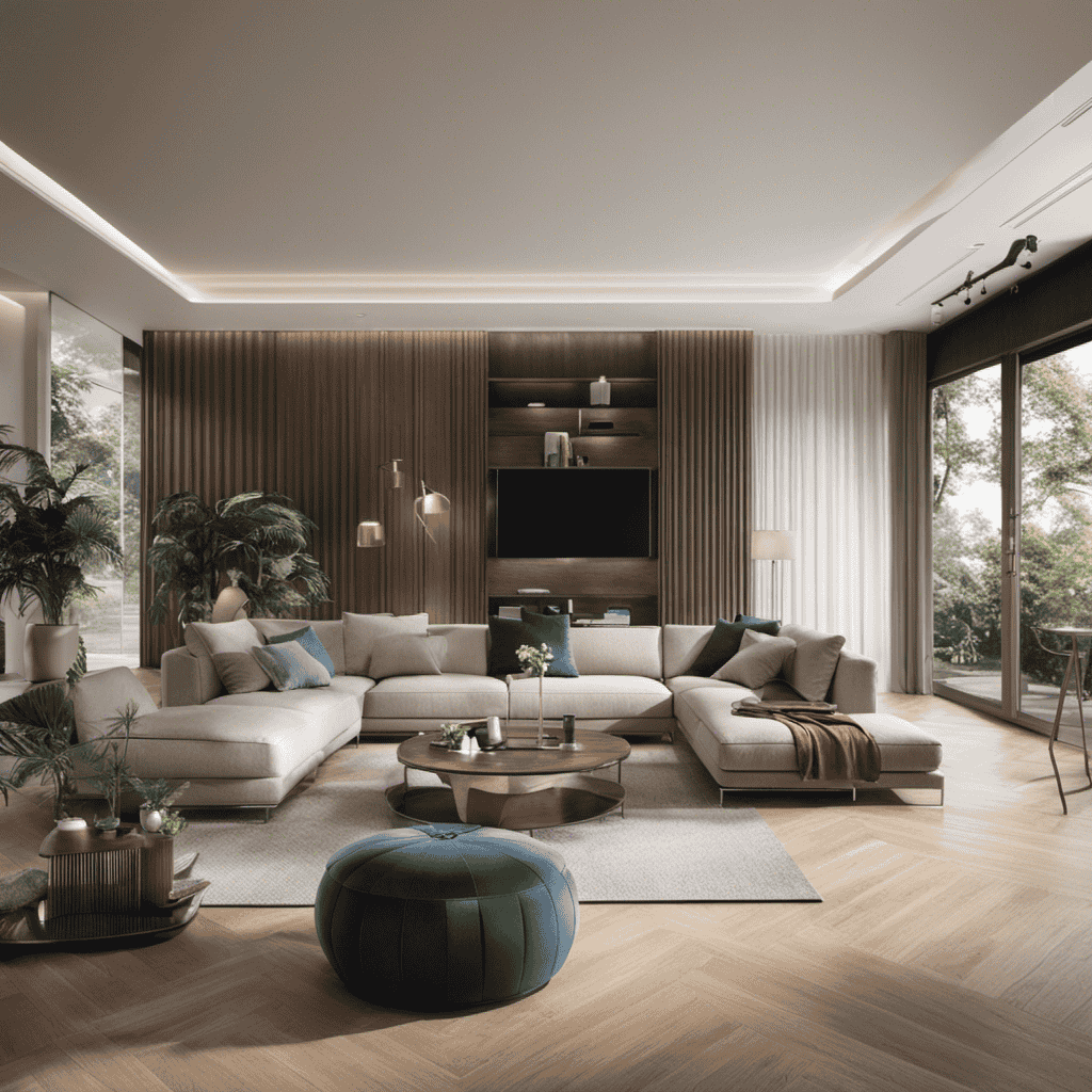 An image depicting a spacious living room with an air purifier placed in the corner