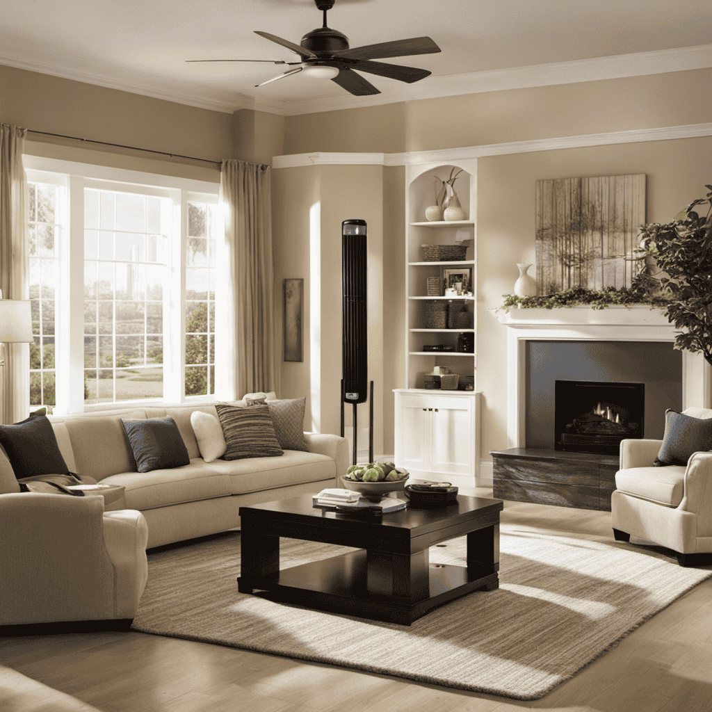 An image showcasing the Sharper Image Ionic Breeze Air Purifier's coverage by portraying a spacious room with high ceilings, abundant natural light, and various furniture arrangements, highlighting the device's ability to cleanse the air effectively