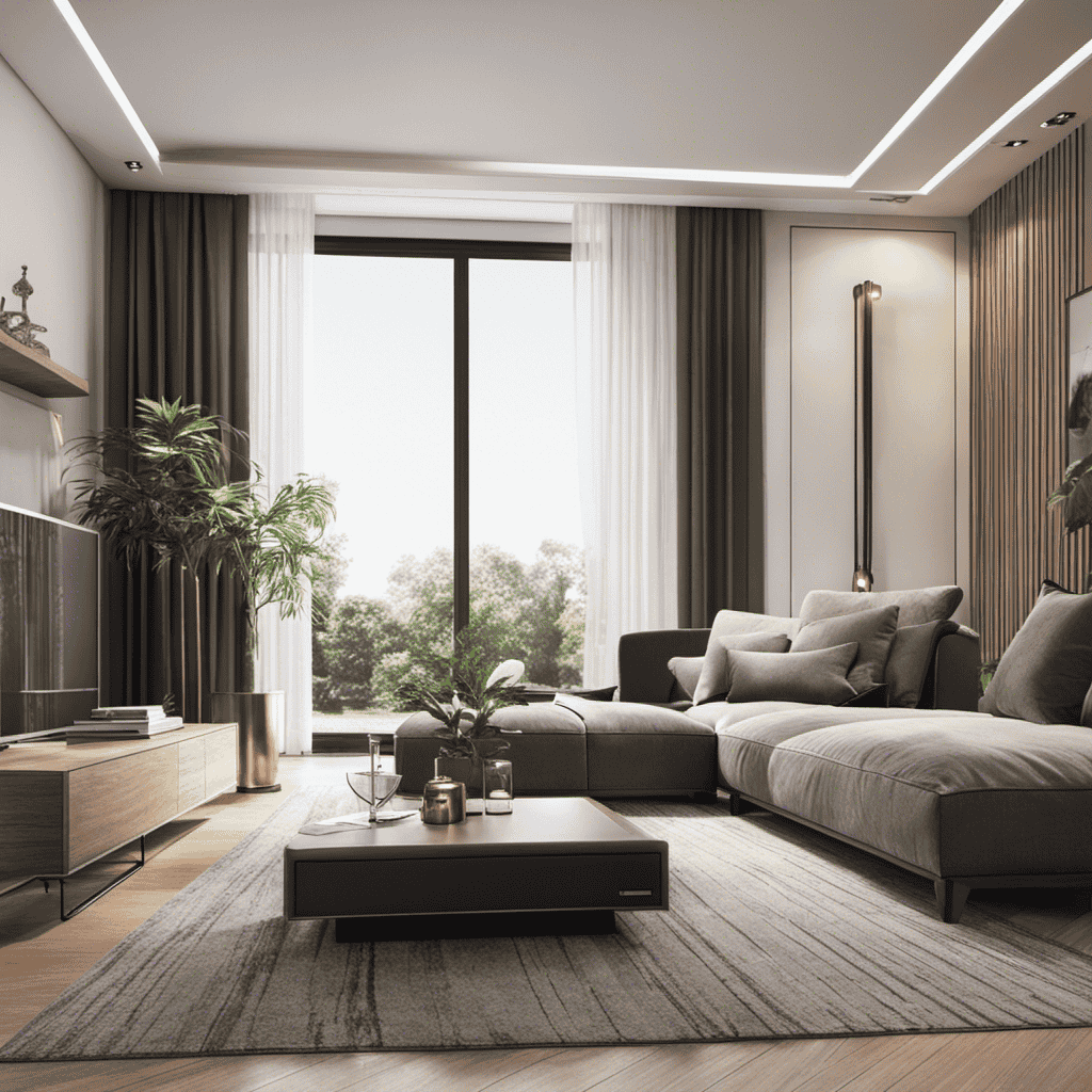 An image showcasing a spacious living room with an air purifier placed strategically in the corner, effectively purifying the air while blending seamlessly with the stylish decor