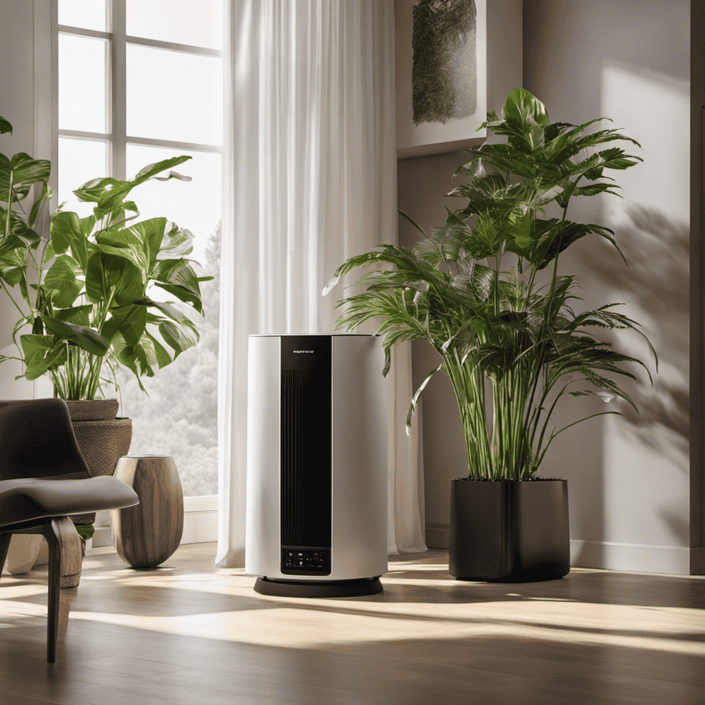 An image showcasing a spacious room with sunlight streaming through large windows, where an elegant, sleek air purifier sits on a side table, surrounded by fresh plants and clean, purified air