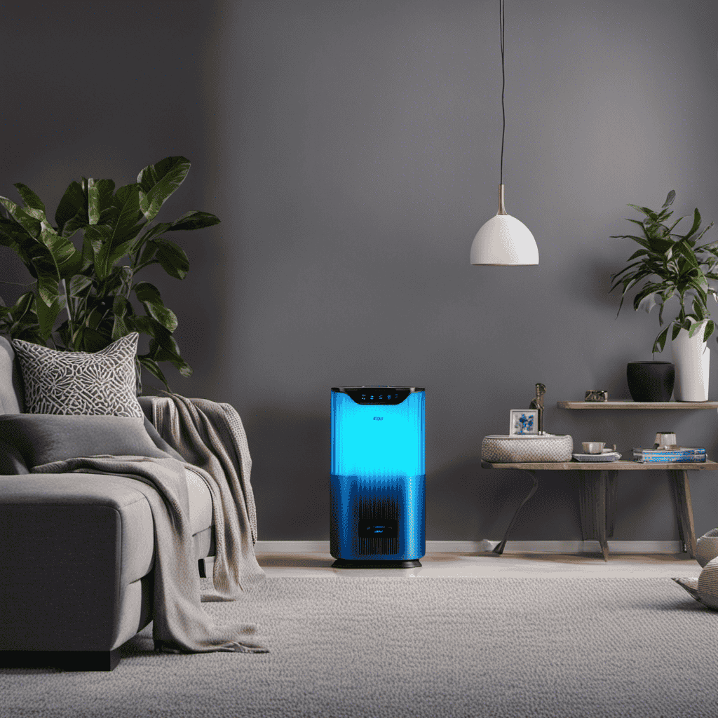 An image featuring a close-up of a Pure Zone Air Purifier, displaying its UV light feature in action