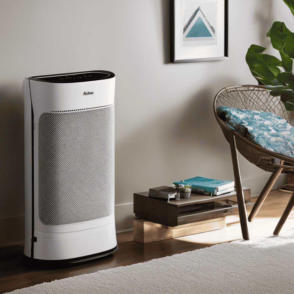 An image showcasing a Holmes air purifier with a clean, white filter capturing microscopic dust particles, pollen, and pet dander