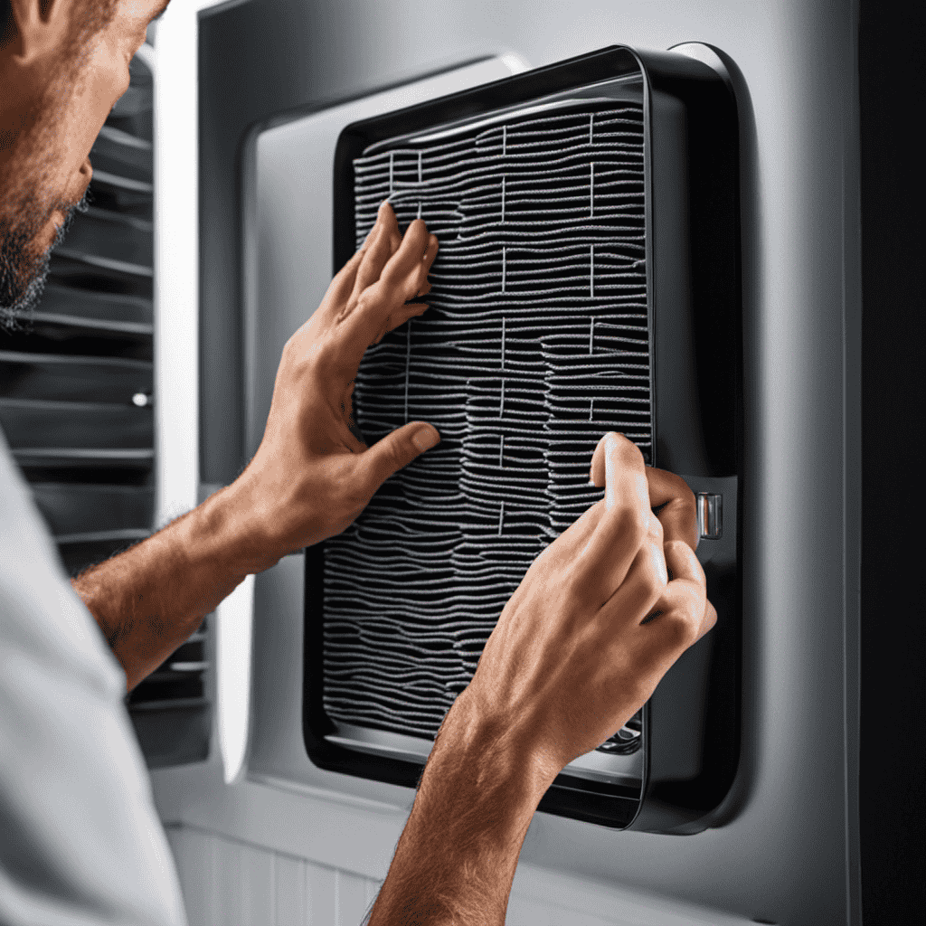 An image showcasing a close-up shot of a Black & Decker Air Purifier filter being inspected, with a person's hand gently running their finger along the check blade