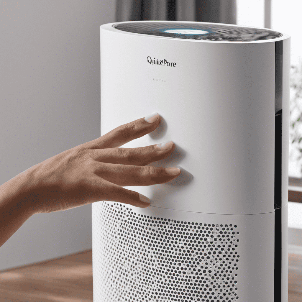 An image showcasing a close-up shot of a hand effortlessly removing the filter from a Quietpure Air Purifier, revealing its pristine white surface and capturing the essence of cleanliness and efficiency