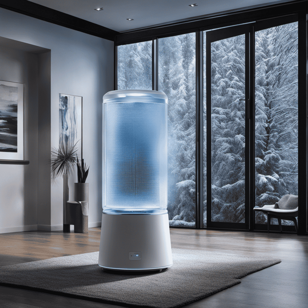An image capturing the icy breath of an air purifier as it transforms a humid room into a crisp, frosty sanctuary