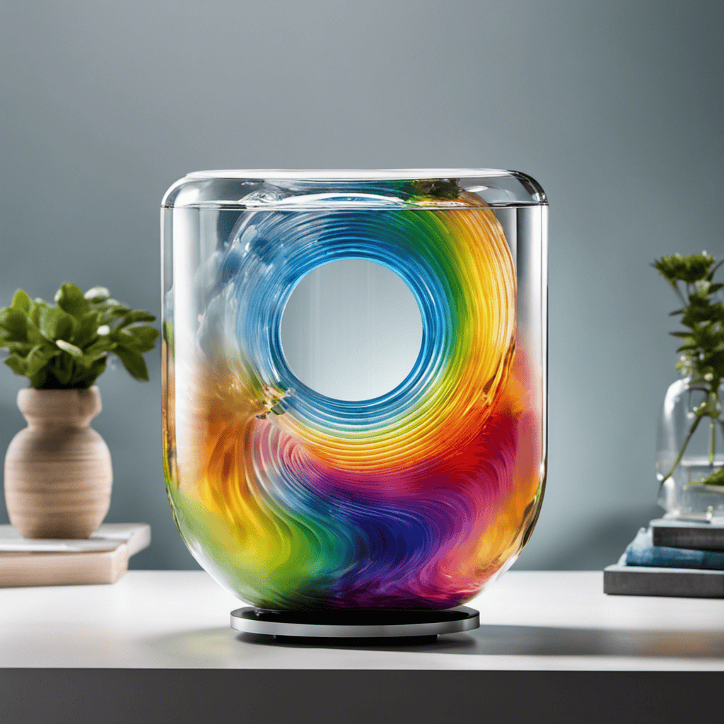 An image of a person holding a Rainbow Air Purifier, their hand pouring crystal-clear water into the transparent reservoir