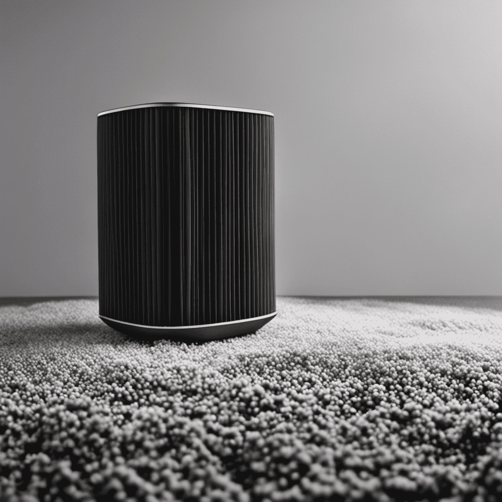 An image of an air purifier filter covered in a layer of thick, dark gray dust particles, contrasting with the clean, white surroundings