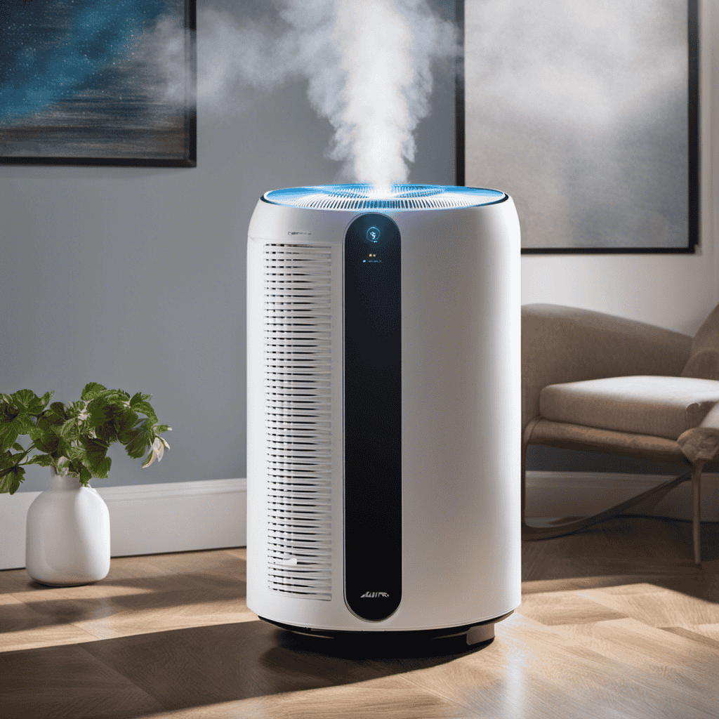 An image showcasing an air purifier in action: a room with polluted air filled with microscopic particles, being drawn into the purifier's intake, passing through a HEPA filter, and clean air being released back into the room