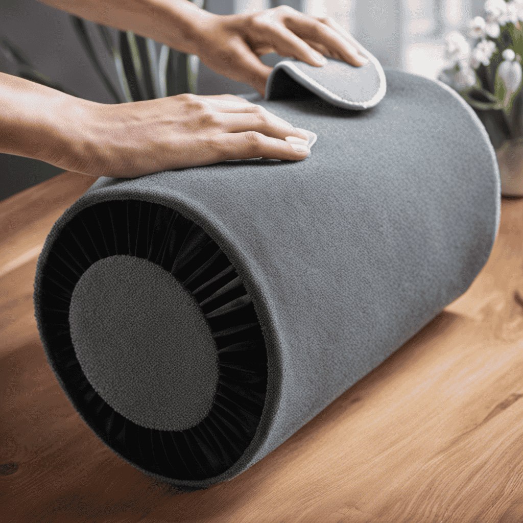 An image showcasing a pair of gloved hands gently wiping a dusty air purifier cover with a microfiber cloth, revealing a sparkling, clean surface underneath