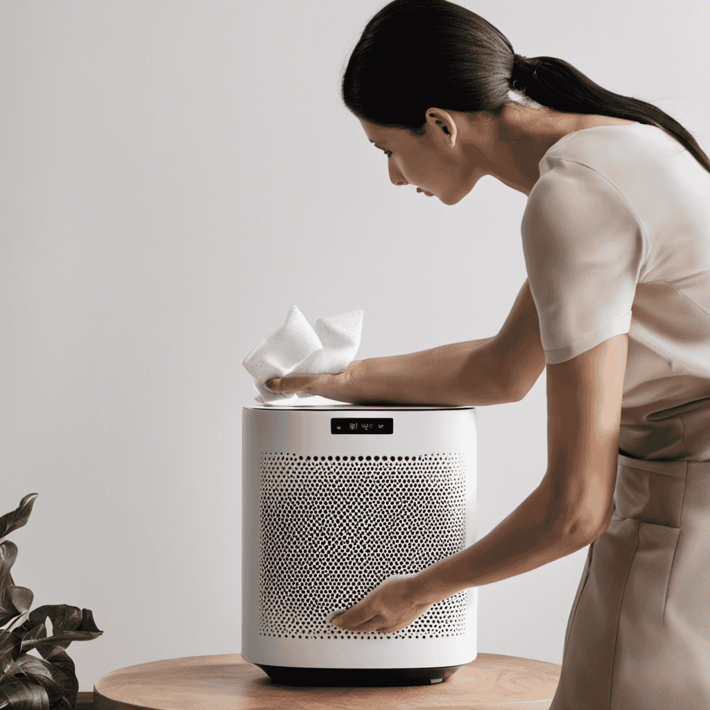 An image of a person wearing gloves, gently wiping the sleek surface of their Levoit Air Purifier with a microfiber cloth