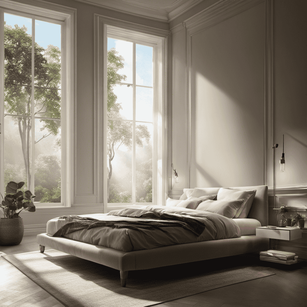 An image showing a serene bedroom with a subtle haze of dust particles suspended in the air