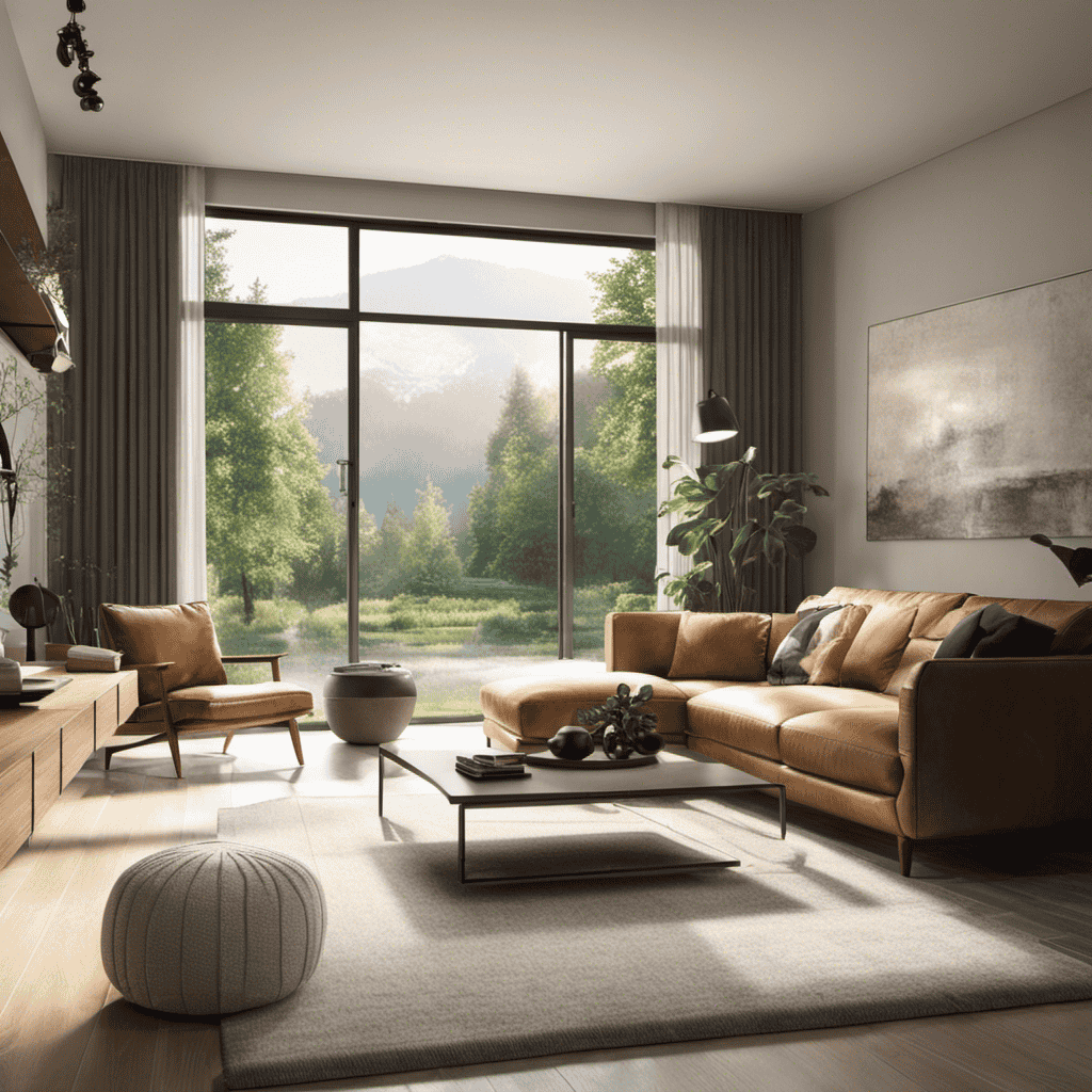 An image showcasing a serene living room, with a ray of sunlight filtering through perfectly clean air