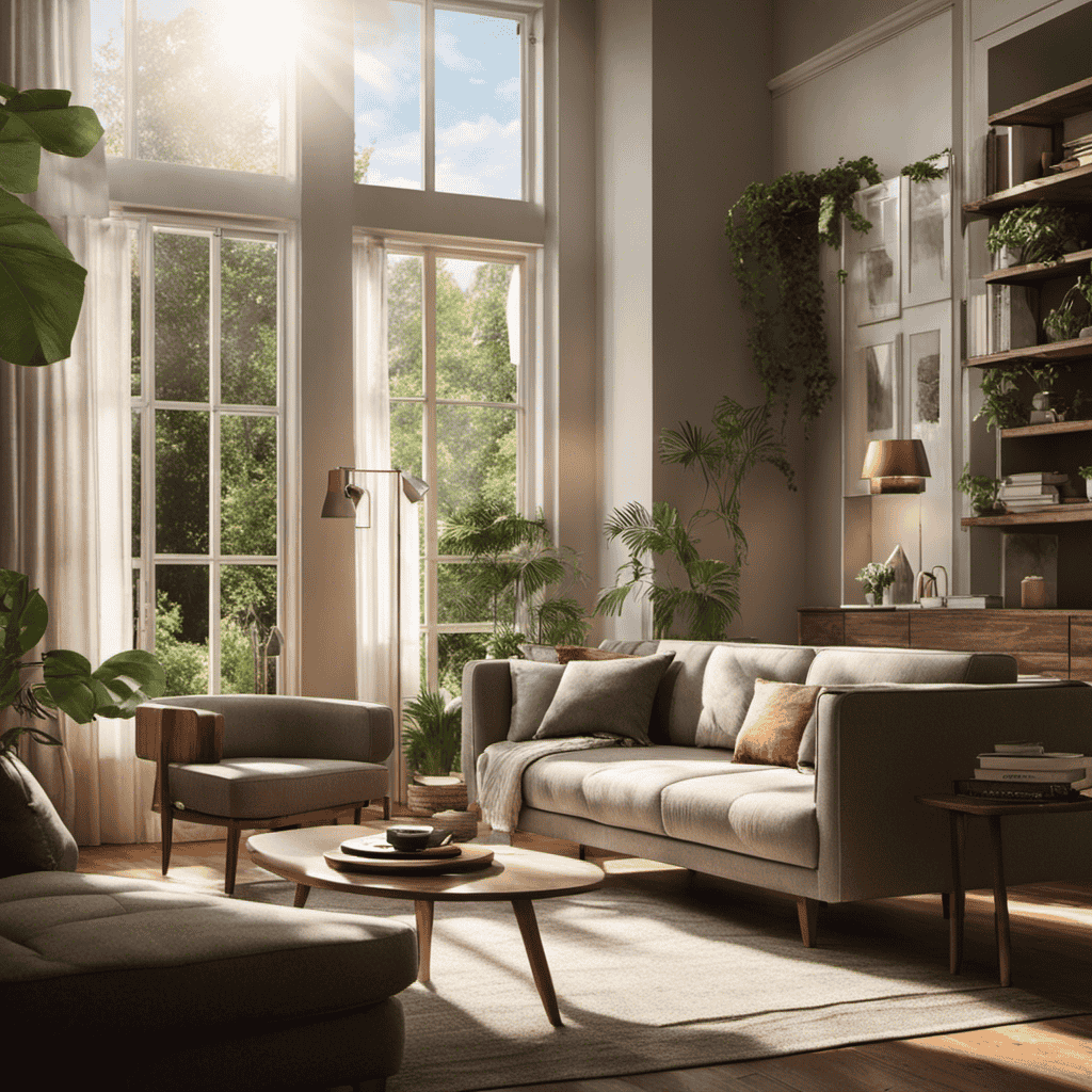 An image of a cozy living room with sunlight streaming through the window, where a person relaxes on a sofa while outside, thick smog fills the air, emphasizing the importance of an air purifier