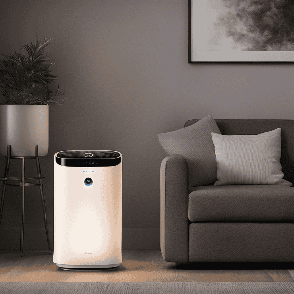 An image showing a close-up view of an air purifier, capturing its sleek design, the glowing indicator light signaling clean air, and a subtle mist of purified air gently diffusing into the room