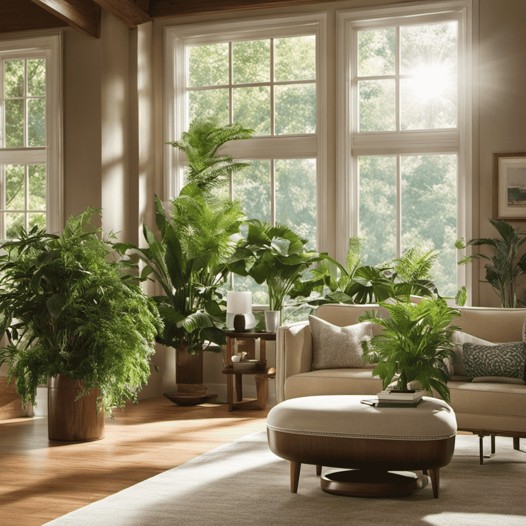 An image showcasing a serene living room with beams of sunlight filtering through clean, dust-free air