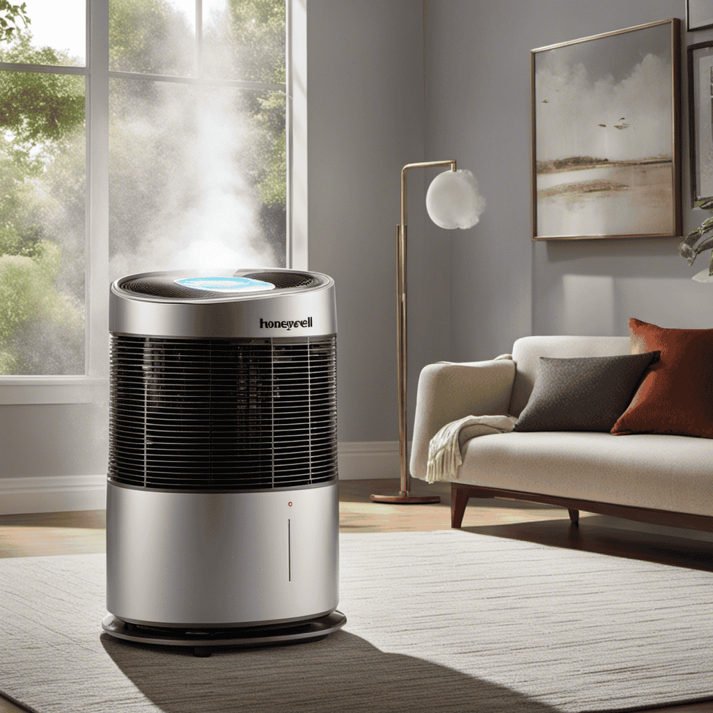 An image that showcases a well-lit room with dust particles floating in the air, while a Honeywell Air Purifier operates in the background, capturing the particles and leaving the air clean and fresh