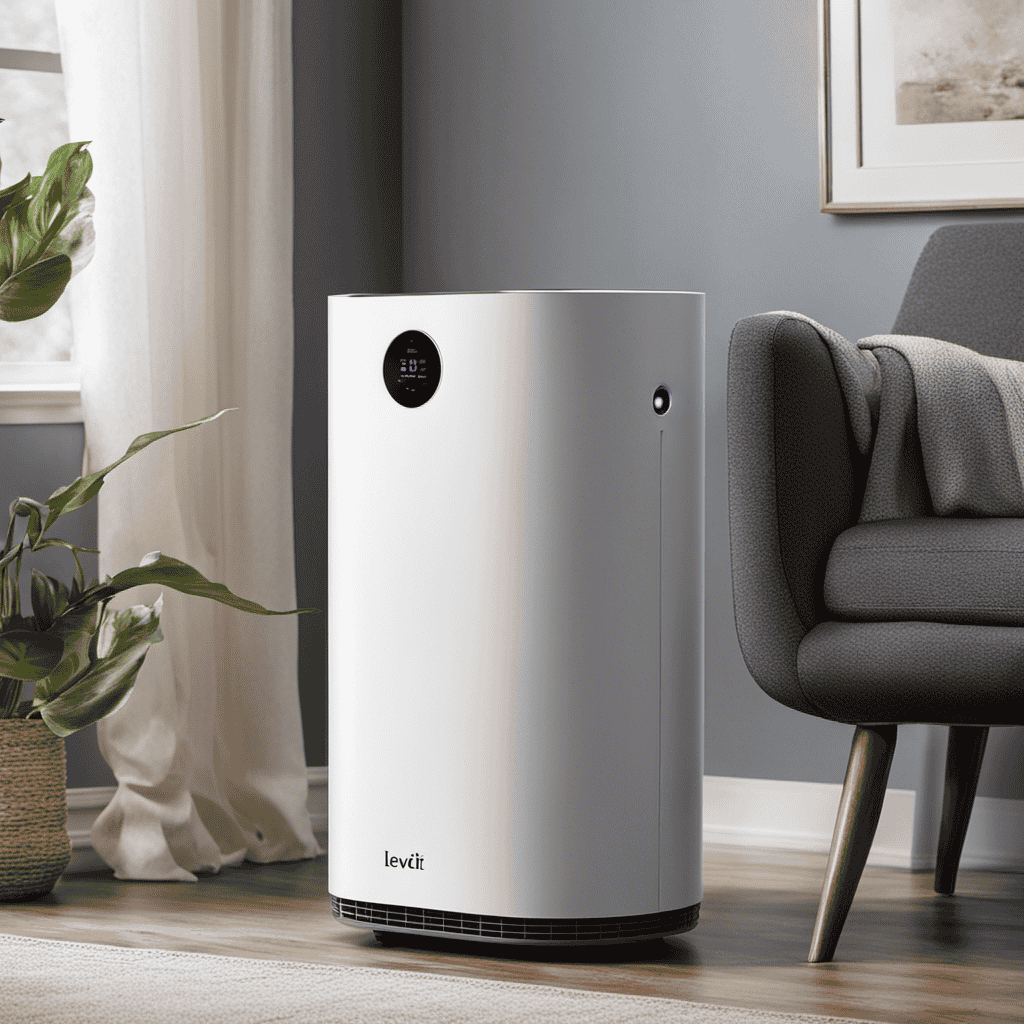 An image showcasing a Levoit Air Purifier in a room, capturing its silent operation with soft, diffused light illuminating the dust particles suspended in the air, while the purifier's filters visibly trap impurities