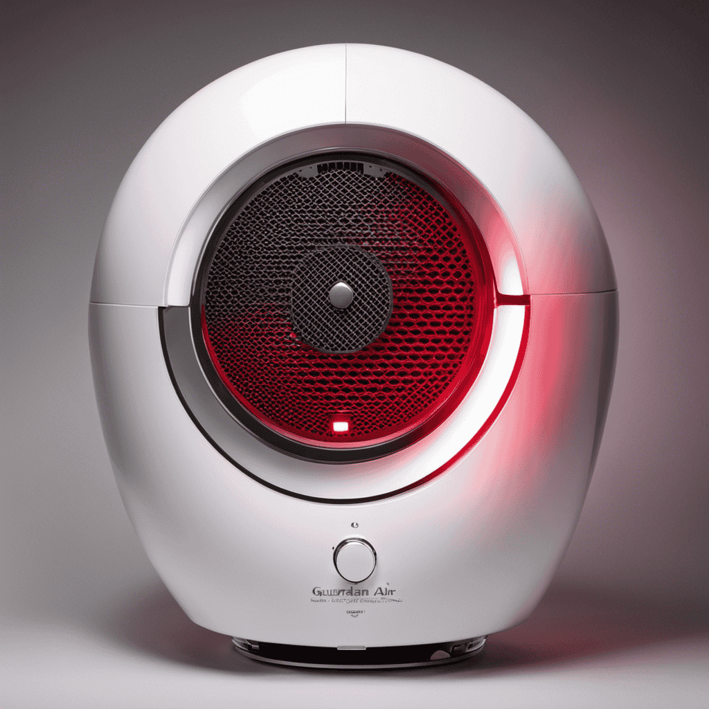 An image featuring a close-up of a Guardian air purifier, displaying a prominent "change filter" light illuminated in red