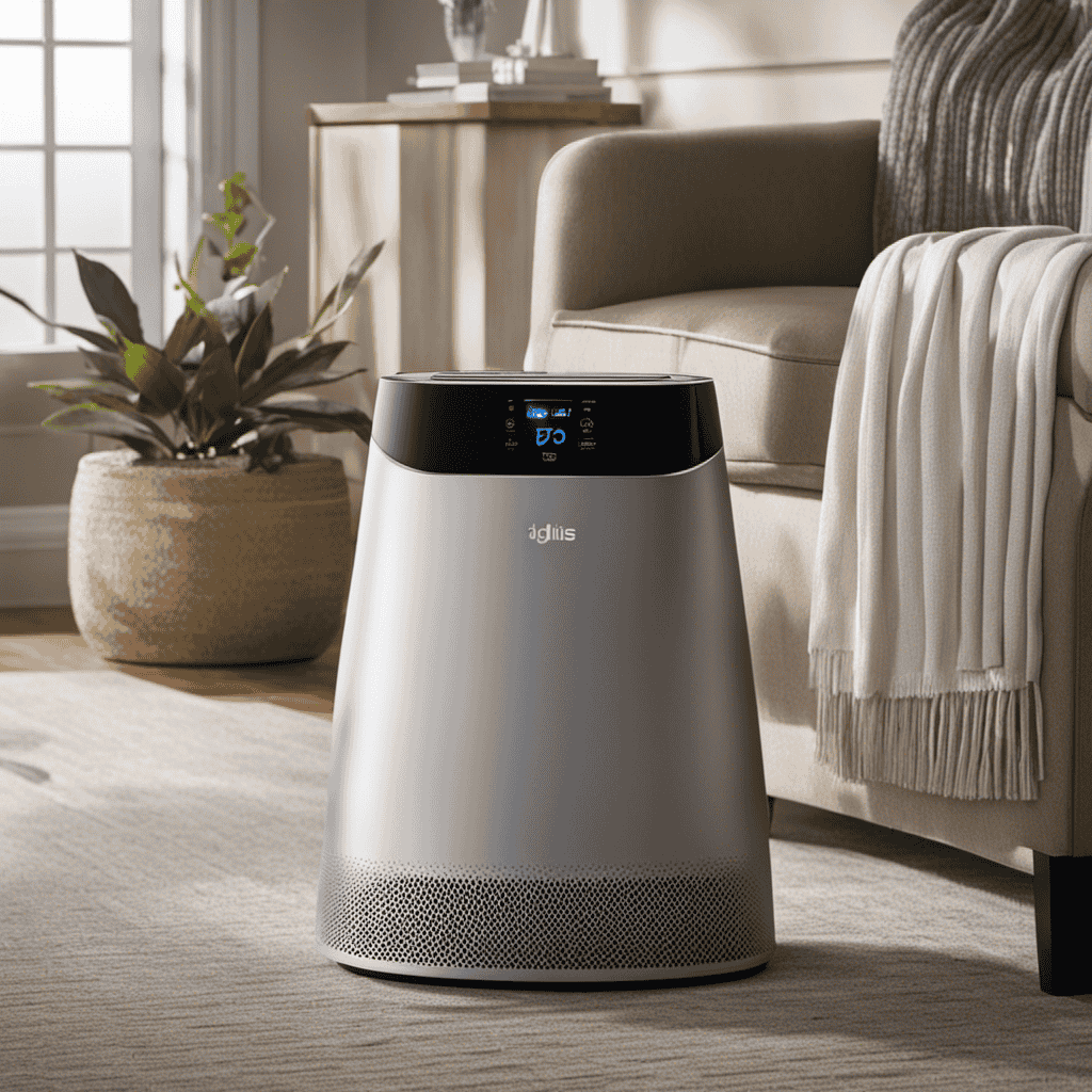An image showcasing a person gently pressing and holding the reset button on an Idylis Air Purifier, while a soft glow emanates from the device, illustrating the process of resetting