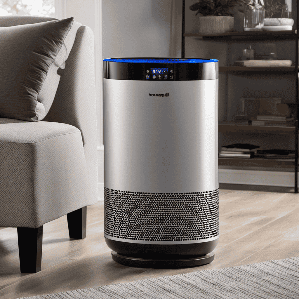 An image of a person gently pressing and holding the "Reset" button located on the sleek control panel of a Honeywell Air Purifier, while a soft blue LED indicator blinks in confirmation