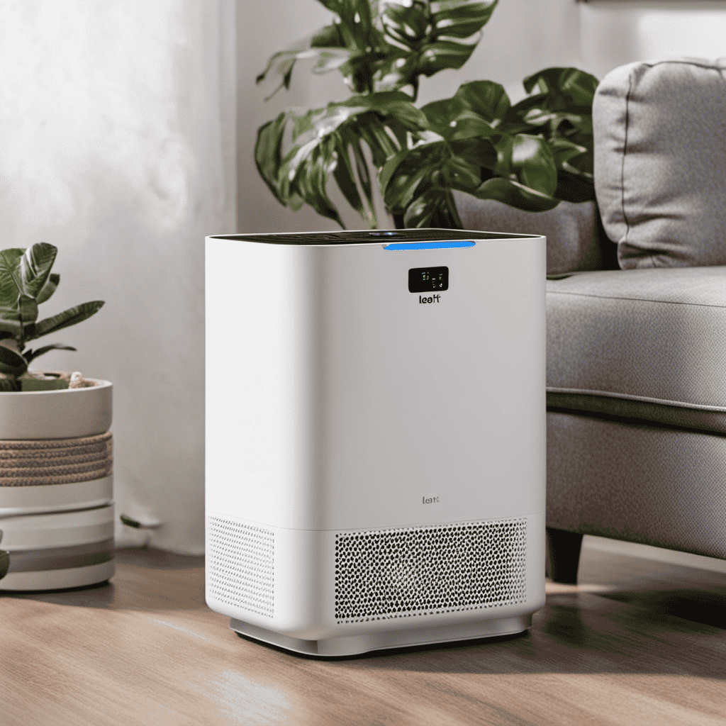 An image showcasing a Levoit air purifier placed on a clean surface, with a person's hand holding down the reset button on the control panel, accompanied by an arrow indicating the button