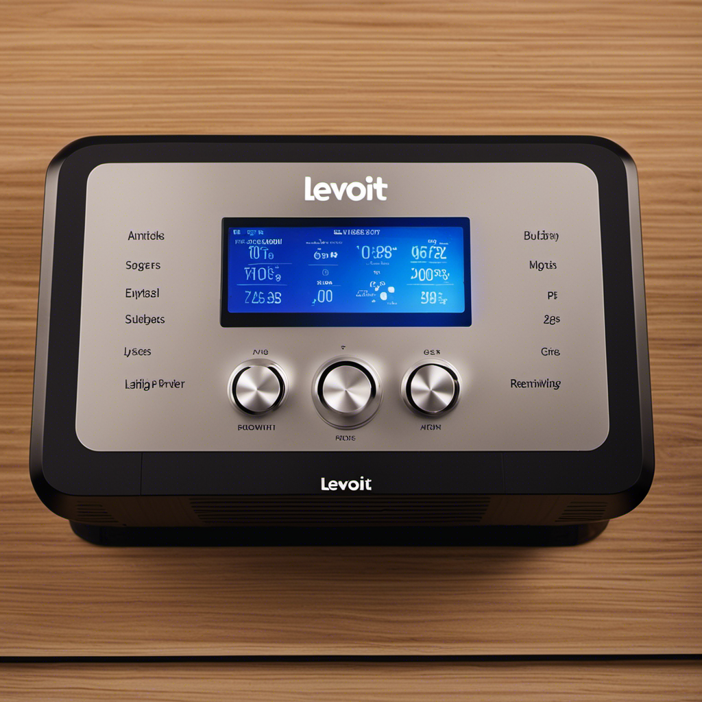-up shot of a Levoit air purifier's control panel, with the filter light blinking and a finger hovering over the reset button, ready to press it