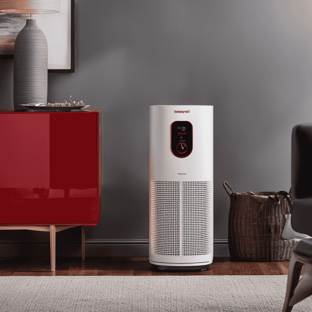 An image showcasing a Honeywell HPA-105 Air Purifier with a visible red light, accompanied by a hand reaching towards the device's control panel, indicating the process of turning off the red light