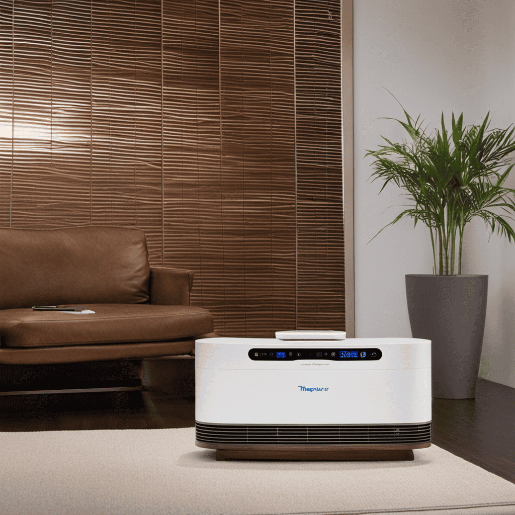 An image showcasing a Therapure air purifier with its "Clean Filter" light illuminated