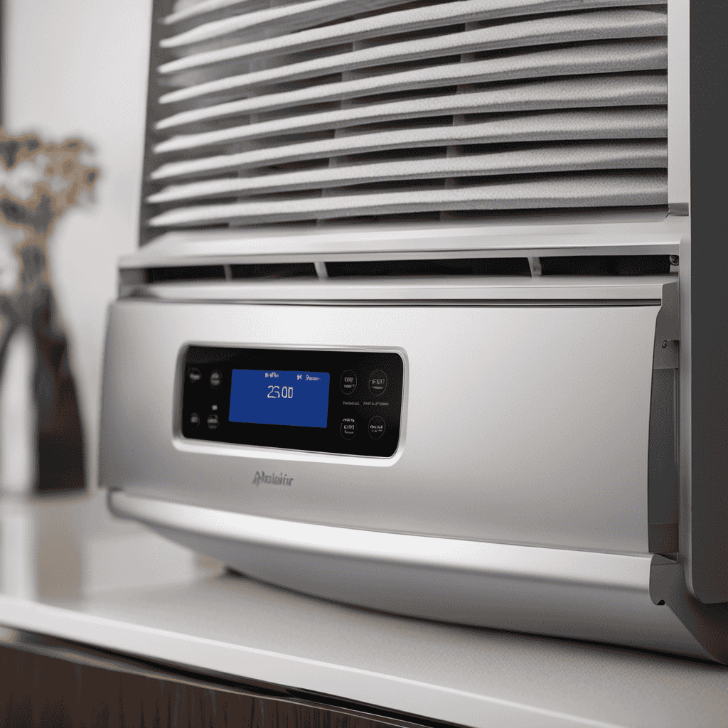 An image capturing a close-up view of an Aprilaire purifier's front panel being gently opened, revealing a neatly placed air filter with visible dust particles