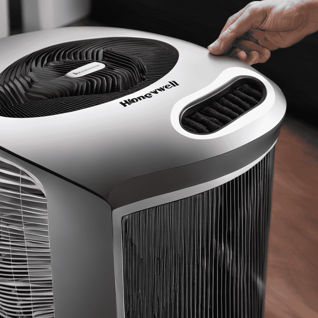 An image showcasing a pair of gloved hands delicately removing the Honeywell air purifier's front grill, revealing layers of accumulated dust and particles