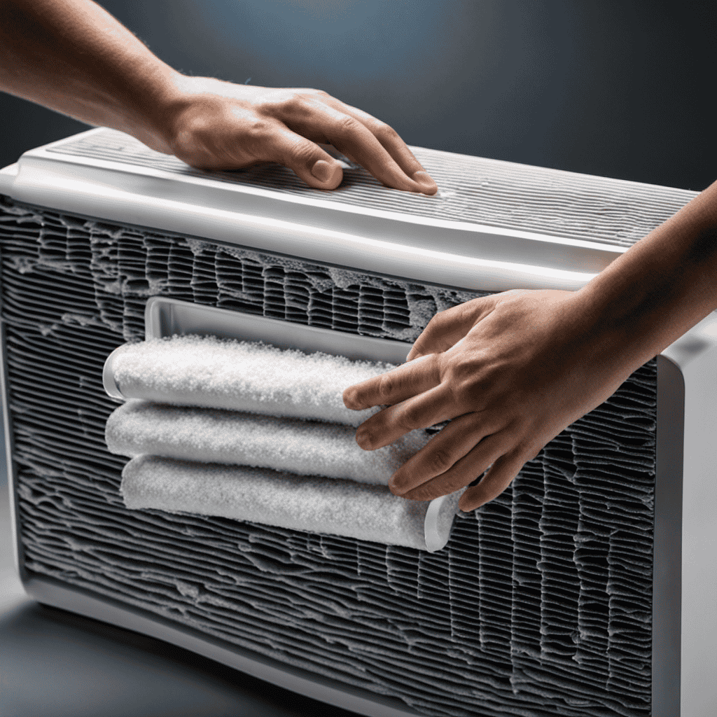 An image depicting a pair of hands gently removing a dirty air purifier filter