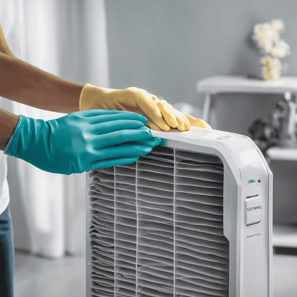 An image depicting a pair of gloved hands gently removing a dirty air purifier filter