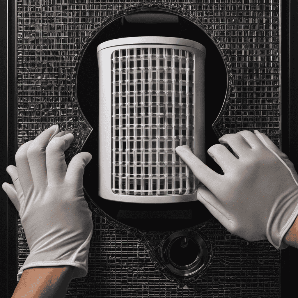 An image showcasing a pair of gloved hands gently removing the collection grid from an ionic air purifier