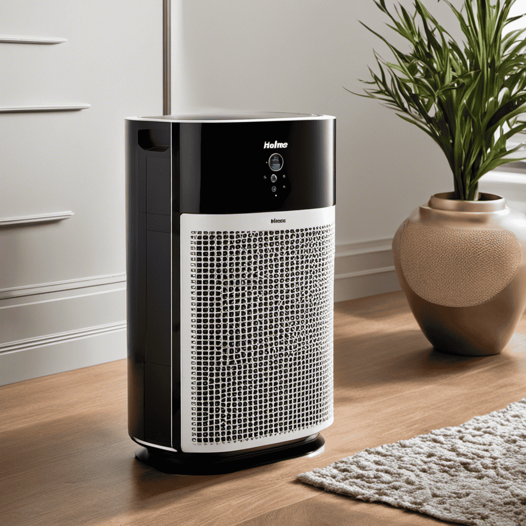 An image showcasing the step-by-step cleaning process of a Holmes Air Purifier: hands carefully removing the filter, gently wiping the exterior, rinsing the filter under running water, and finally, placing it back inside the purifier with a click