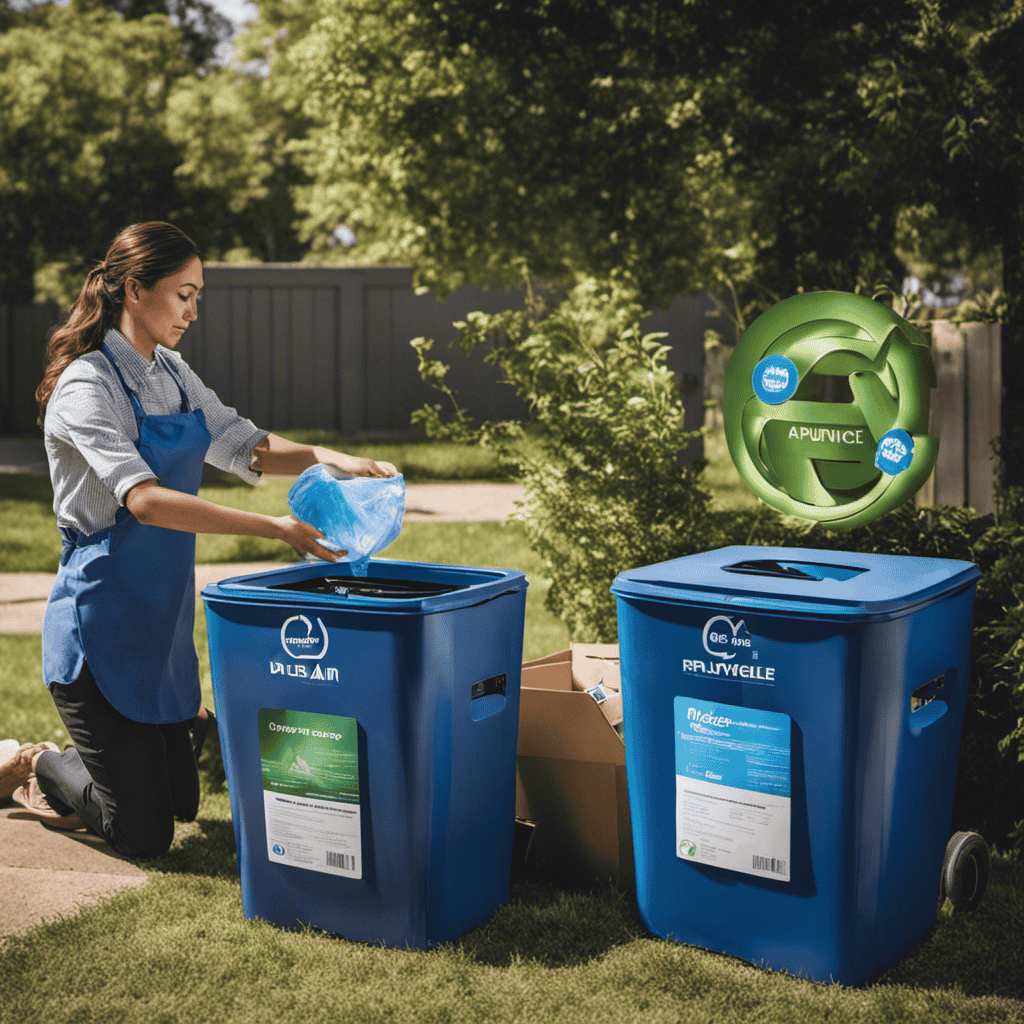 An image showcasing a person carefully placing a used Blue Air Air Purifier into a designated recycling bin, surrounded by other recyclable items