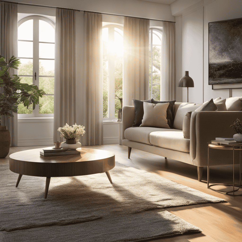 An image showcasing a serene living room scene with sunlight streaming through the windows, where particles of dust and allergens are visibly caught in the air purifier's filter, depicting its effectiveness and clean air quality