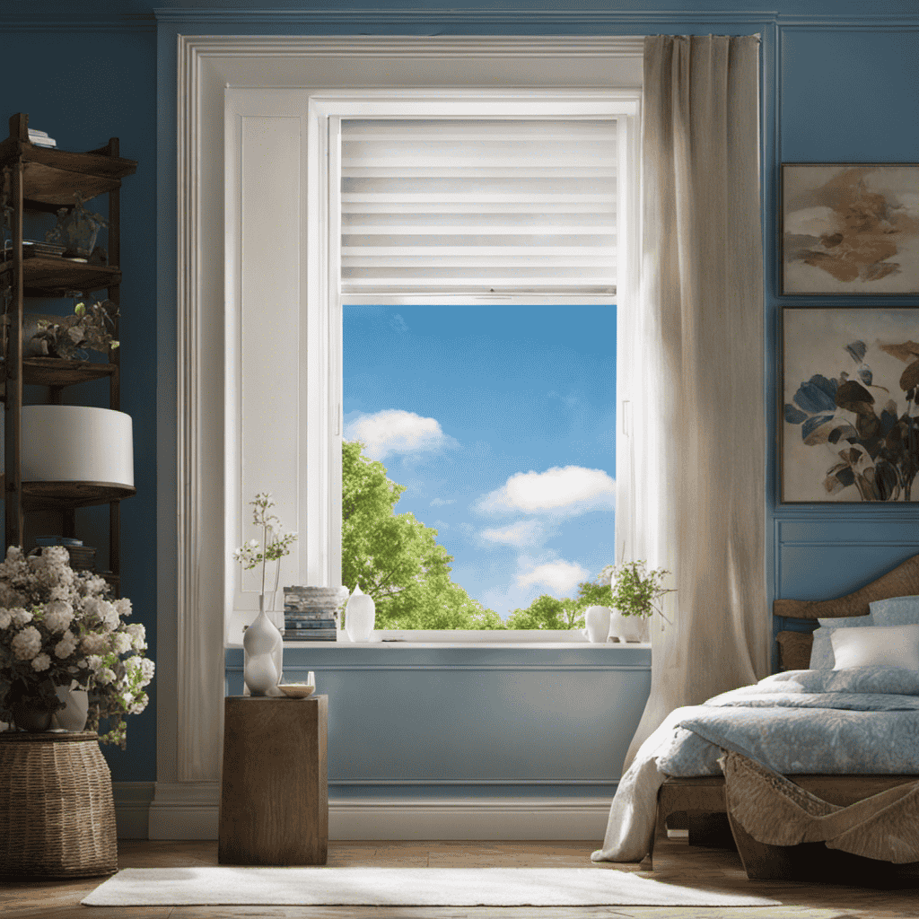 An image that captures a serene bedroom scene with a clear blue sky visible through an open window