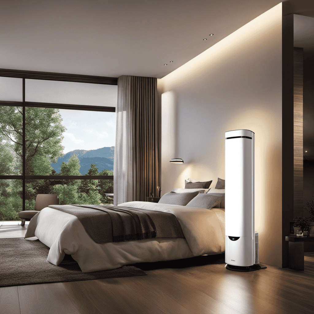 An image depicting a well-lit room with a pristine air purifier situated nearby